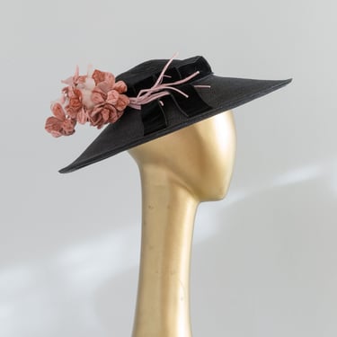 Classic 1950's Cartwheel Hat In Black Straw With Pink Millinery Flowers