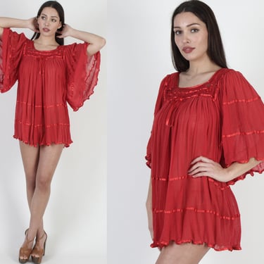 Red Mexican Gauze Micro Mini Dress, Lightweight Thin Kimono Sleeves, Vintage Crochet Lace Angel Top 