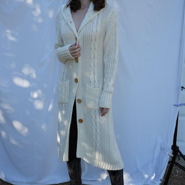 1970s Hooded Cardigan / Cream Long Cardigan Sweater with a Hood / Cream Knitwear / Acrylic Granny Sweater 