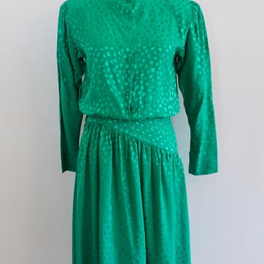 1980s -  Silk Drop Waist Dress by Maurada - Kelly Green - Polka Dot - Size 6 