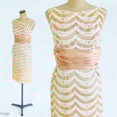 1950s Apricot Satin & Lace Sleeveless Dress | 50s Creme Lace Sheath Dress | Small 