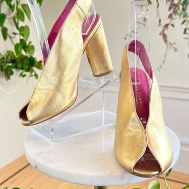 Modern TRINA TURK Heels | 1970s Vintage Style Gold Leather Slingback Block Heel Peep Toe Dressy Disco Party | size US 8 