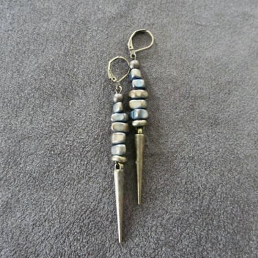 Abstract teal nugget and bronze spike earrings 