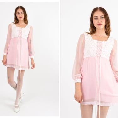 Vintage 1970s 70s Baby Pink Silk Chiffon Mini Dress w/ Corset Bodice, Empire Waistline, Chiffon Balloon Sleeves 