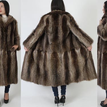 Full Length Raccoon Fur Coat / Mens Mountain Man Fur Jacket / Vintage 70s Unisex Outdoors Lumberjack Wilderness Overcoat 
