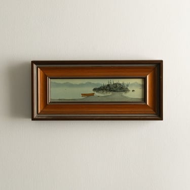 Vintage Listed Thomas Waddelow Miniature Signed Framed Original Painting Island w/ Boat American Artist - FREE DOMESTIC SHIPPING 