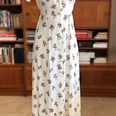 Long ROSE PRINT Floral Vintage Dress, 1980's White Short Sleeve Midi Dress, Summer Spring Dress 