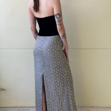 1990s Party Skirt / Shiny Silver Mirrored Evening Skirt /Metal Embroidery Mirror Sequin Silver Long Maxi Skirt / Floor Length Evening Skirt 