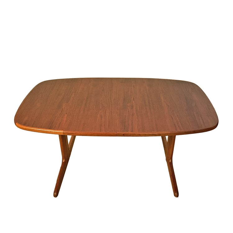 Danish Modern Teak Oval Trestle Base Expanding Dining Table