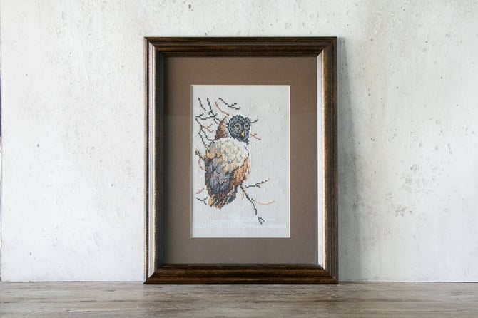 Vintage Owl Needlepoint Framed, Owl Cross Stitch Artwork, Owl Wall Hanging 