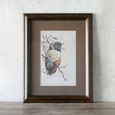 Vintage Owl Needlepoint Framed, Owl Cross Stitch Artwork, Owl Wall Hanging 