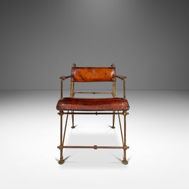 Early Patinaed Wrought Iron and Leather Armchair Lounge Chair / Armchair Attributed to Ilana Goor, Israel, c. 1960's 