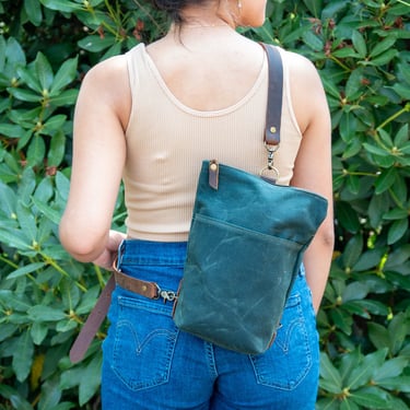 Waxed Canvas Sling Bag | Waxed Canvas and leather Zipper Purse | Small Tote Sling 