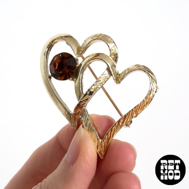 Sweet Vintage 70s 80s Two Gold Hearts with Amber Rhinestone 