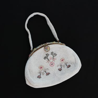 Antique vintage 1930s French micro glass hand beaded floral enameled purse 