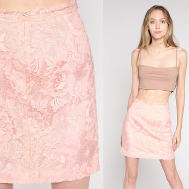 Baby Pink Lace Skirt 60s High Waisted Pencil Mini Skirt Retro Vintage Party Sixties Cocktail Skirt Formal 1960s Bohemian Extra Small xs 0 
