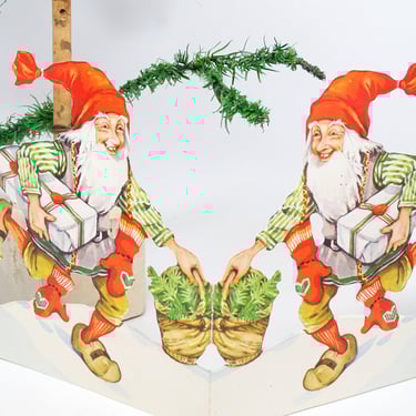 Vintage 1950's Swedish Santa Elves Folded Die Cut Double Sided, Made in Sweden 