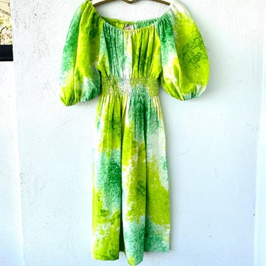 Vintage 70s Hawaiian Floral Off Shoulder Dress 1970s Hawaiian Green White Muumuu 