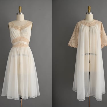 vintage 1950s Lingerie Dress | Vanity Fair Ivory White 2pc Lingerie Dress & Robe | Small 