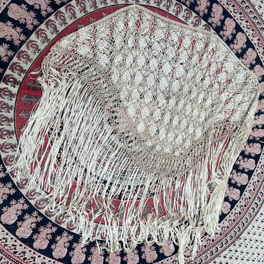 Antique 1920s candlelight cream silk ribbon piano shawl | hand crochet bohemian bridal wrap, ‘20s macrame 