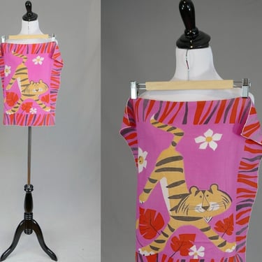 Vintage Adorable Tiger Scarf or Large Handkerchief - Pink-Purple Red Black Tan-Yellow White Novelty Print - about 21