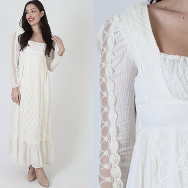 Gunne Sax Ivory 70s Dirndl Style Dress / Sheer See Through Lace Sleeves / Embroidered Empire Waist Festival Outfit XS 
