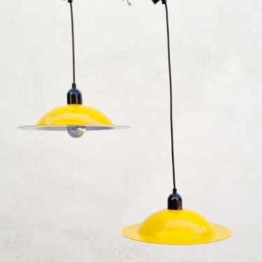Pair of Mid Century Lamps / Hanging Lamps / Stilnovo Yellow Enamel Lampiatta Pendant Lamps by Jonathan De Pas & Donato D'Urbino /Italy /'60s 