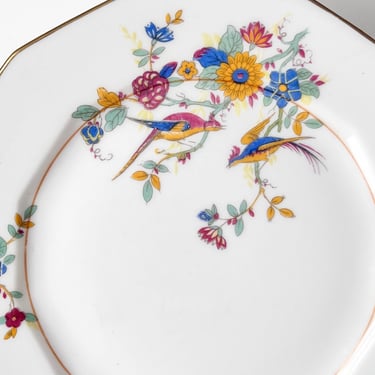 Jewel Toned White and Cream Birds of Paradise Plates. 1930s Limoges Porcelain Salad Dishes. 