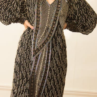 1980s Starina Silk Beaded Kaftan Dress 