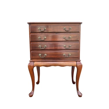 Vintage Cherry Chest with 4 Drawers for Silverware, Jewelry or Collectibles - Queen Anne Traditional Solid Wood & Felt Lined Storage Cabinet 