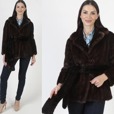 Mahogany Mink Coat With Belt, Vintage Mid Length Trench Jacket, Womens Real Fur Belted Overcoat 