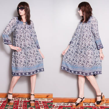 Vintage 1970's | Blue | Floral & Paisley | Cotton | Dress | Made in India | S 