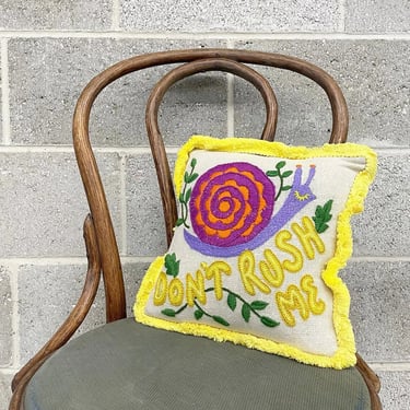 Vintage Pillow Retro 1990s Bohemian + Homemade + Embroidered + Snail + Don't Rush Me + Decorative + Home Decor + Textile + Fiber Art 