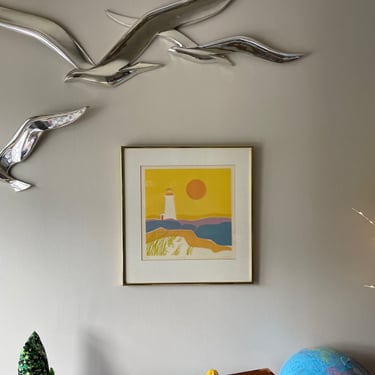 Yellow Lighthouse Sun Sunset Nautical Scene Vintage Mid-Century Artwork Art Framed Ready to Hang 