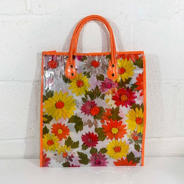 Vintage 1960s Tote Bag Floral Plastic Boho 60s Mod Mid Century Modern Shopping Market Beach Purse Flower Power Floral Print 