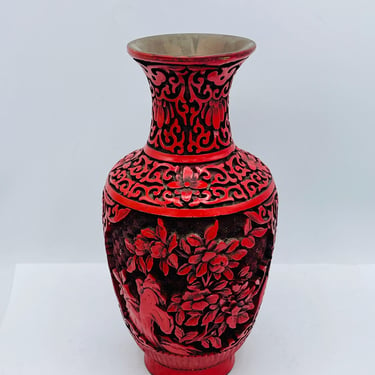 Hand Carved Red Cinnabar Vase floral  Scene Design Brass Rim 8 Inches Tall Elaborate and Meaningful Design Made of Resin 