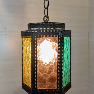 Vintage 1970s Stained Glass Pendant Swag Light