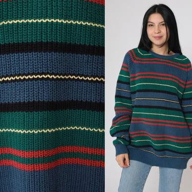 90s Striped Sweater Lands' End Blue Red Green Pullover Raglan Sleeve Retro Crewneck Preppy Casual Vintage 1990s Cotton Knit Men's Large L 