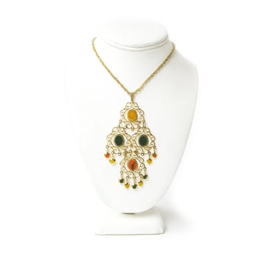 Vintage 1970s Gold Tone Filigree Pendant with Colorful Enamel, Signed Celebrity NY, Statement Necklace, Boho Chic, Gypsy Style, Gift for Her 
