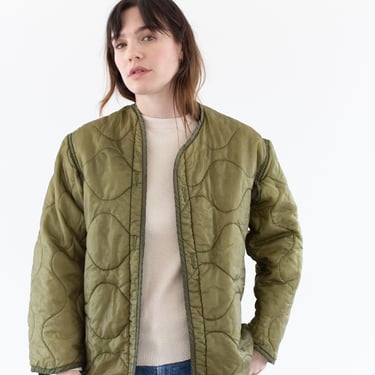 Vintage Green Liner Jacket | Unisex Wavy Quilted Nylon Coat | S | LI246 
