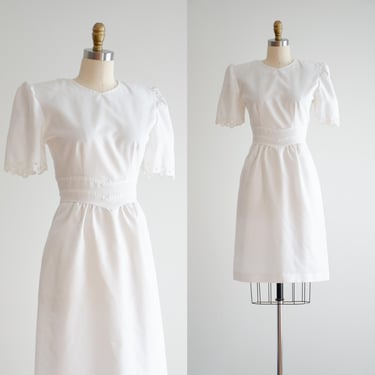 white vintage dress 80s puff sleeve embroidered knee length dress 