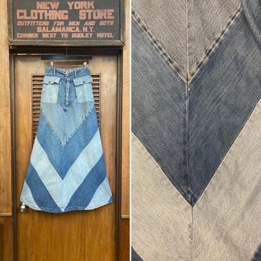 Vintage 1970’s W25 Hippie Boho Denim Chevron Patchwork Custom Skirt, Vintage Denim, Jeans, 1970s, Patchwork, Chevron, Skirt 