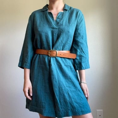 Garnet Hill Womens Blue V-Neck Linen Short Sleeve Tunic Lagenlook Dress Size 14 