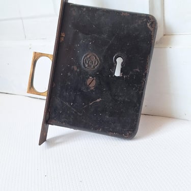 Single Bronze and Iron Antique Pocket Door Mortise Lock, Sliding or Recessed Door Lock Set, Architecture Salvage Hardware 062407 