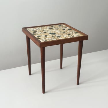 1960s – Mid-Century Ceramic Tile Side Table - Leaf Mosaic Walnut Plant Stand 