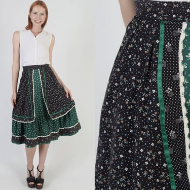 Gunne Sax Skirt With Pockets, Calico Floral Country Apron, Green High Waist Cottagecore Midi 