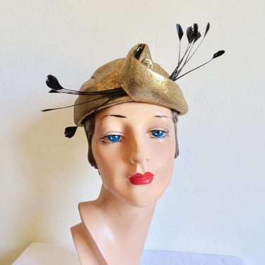 1950's Gold Metallic Lame Cloche Turban Style Hat Black Feather Trim Novelty Costume 50's Millinery New York Creation 