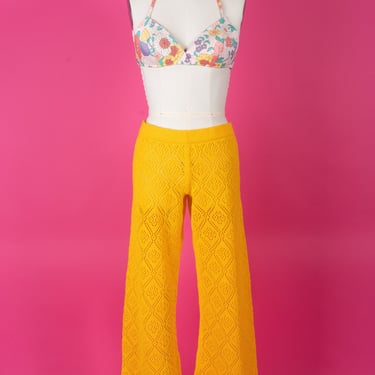 Perfect Vintage 70s Sunshine Yellow Crochet Bell Bottoms 