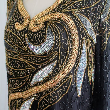 Beaded - Black and Gold - Silk - Evening Gown - Trophy Gown - Cocktail Gown - Plus Size 