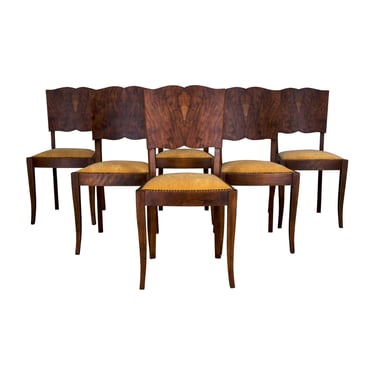 1950s French Art Deco Maple Dining Chairs W/ Golden Yellow Velvet - Set of 6 